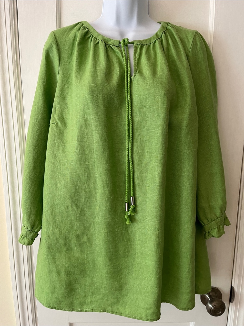 Hot Cotton Linen Tie Neck Tunic Top Women's Large Green‎ Office Beach Swim